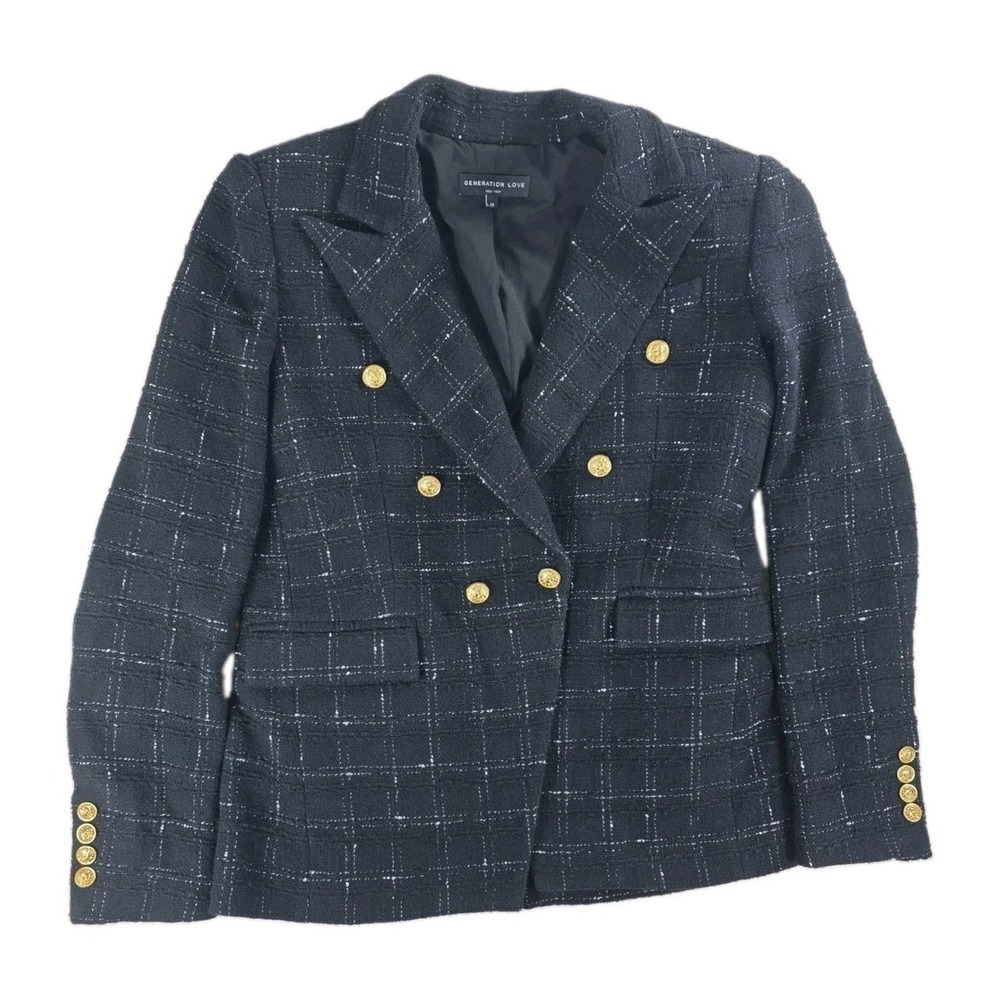 Generation Love Eliza Black Tweed Blazer Jacket Med Windowpane Gold Button Women